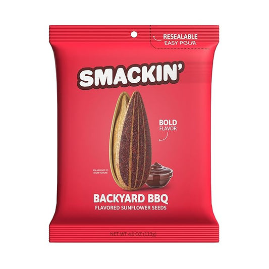 SMACKIN' - Jumbo Roasted Sunflower Seeds, No Salty Burn, American Made, Easy Pour & Seal - Backyard BBQ, 4oz bag (12 Bags)