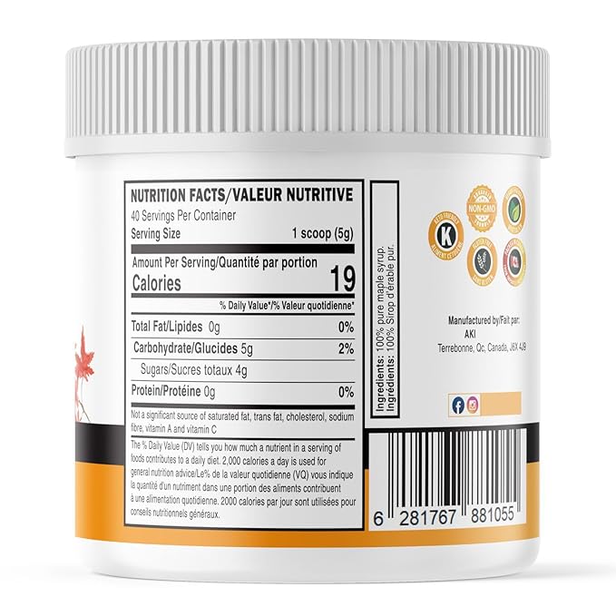 AKI Canadian Maple Sugar Granulated - Light Brown Color (7oz/198.5g) - Made from Grade A Maple Syrup, Good in Vitamins & Antioxidants to Increase Immunity - GMO-free & Vegan - Ideal Substitute for Tea, Coffee, Smoothie, Cocktails & Other Beverages