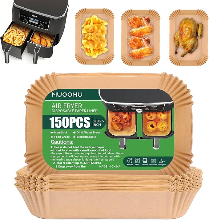Air Fryer Disposable Paper Liners for Ninja Dual Airfryer Accessories, Non-Stick Parchment Rectangular for Baking, Oil Proof, Water Proof, for Microwave Oven (150PCS, 8.6in x 5.5inç«?,<div>