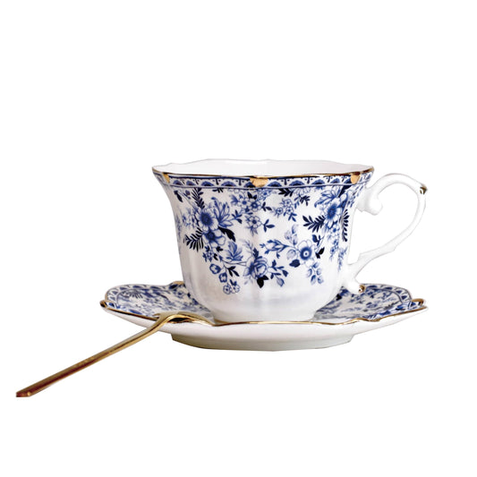 POWDONUNT Vintage Floral Porcelain Tea Cup and Saucer Set with Spoon, Gold Trim, 6.4 oz – Set of 1