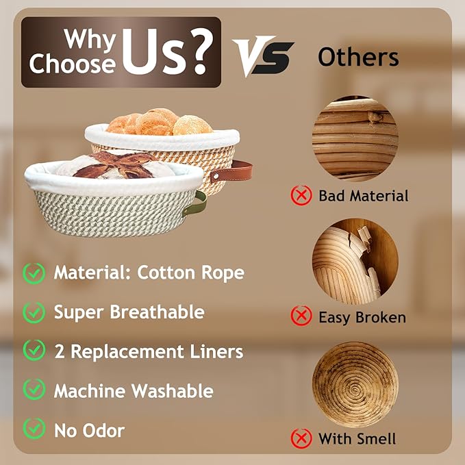 Banneton Bread Proofing Basket Set, Oval Sourdough Banneton Basket 10 inch,Handmade Sourdough Bread Basket with Covers 4 Liners for Artisan Bakers Starter Cotton Rope