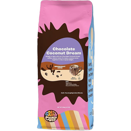 Crazy Cups Flavored Chocolate Ground Coffee, Chocolate Coconut Dream Coffee in 10 oz Bag, For Brewing Hot or Iced
