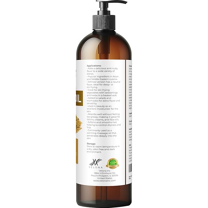 Sesame Seed Oil by Velona - 8 fl oz | 100% Pure and Natural Carrier Oil | Refined, Expeller Pressed | Cooking, Skin, Hair, Body & Face Moisturizing | Use Today - Enjoy Results