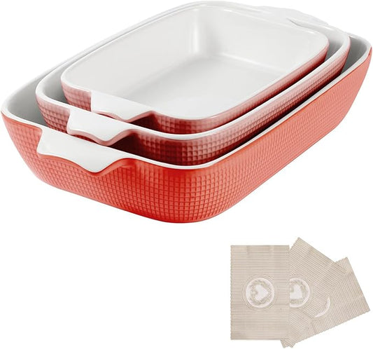Bakeware Casserole Oven Dishes Baking - 3pcs Ceramic Rectangular Oven Serving Sets,ï¼?0.3/12.4/14.7）Stoneware Cookware Pan, Porcelain White Thanksgiving Ware for Cooking Lasagna (Red)