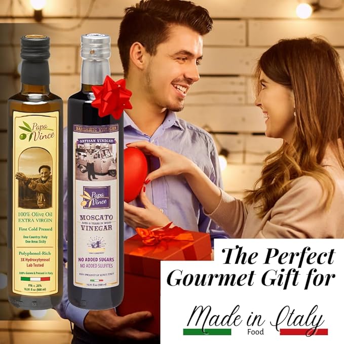 Papa Vince Extra Virgin Olive Oil & Balsamic Set - EVOO First Cold Pressed Dec 2023/24, Balsamic Vinager Aged 8-years in wood made by our family in Sicily, Italy - 16.91 oz each