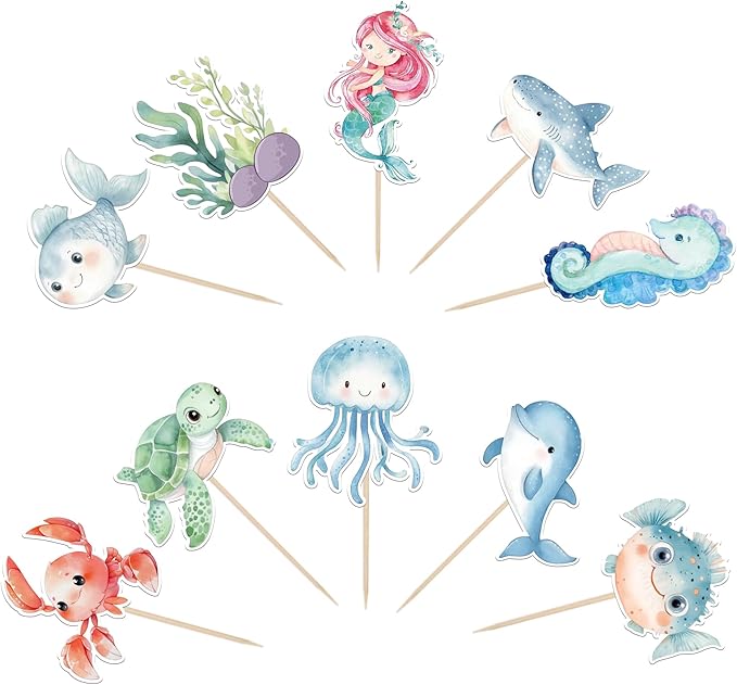40 Pack Marine Animal Cupcake Toppers Glitter Starfish Hippocampus Seaweed Ocean Sea Animal Creature Marine Cupcake Picks Kids Birthday Baby Shower Summer Cake Decorations Style 2