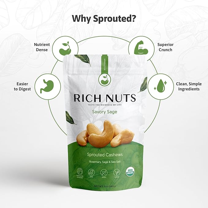 Rich Nuts Savory Sage Gourmet Sprouted Cashews | Vegan, Paleo, Keto | Made with Organic Rosemary, Sage, and Sea Salt | Non-Roasted from Dehydrated Germinated Raw, Whole Cashews | 5 Oz Bag (2 Pack)