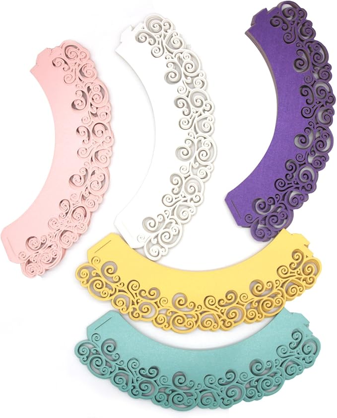 KPOSIYA Cupcake Wrappers 100 Pack Cupcake Wraps in 5 Colors Filigree Artistic Bake Cake Paper Cup Little Vine Laser Cut Liner Baking Cups Holder for Wedding Party Birthday Decoration (Style 2)