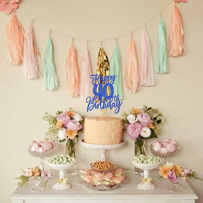 1 PCS Happy 40th Birthday Cake Topper Glitter Cheers to 40 Years Birthday Cake Pick Forty Hello 40 Fabulous Cake Decoration for Happy 40th Birthday Anniversary Party Decorations Supplies Blue