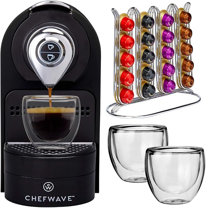 ChefWave Espresso Machine Compatible with Nespresso Coffee Capsules (Black), Pod Holder, Cups and Descaling Powder Bundle (2 Items)