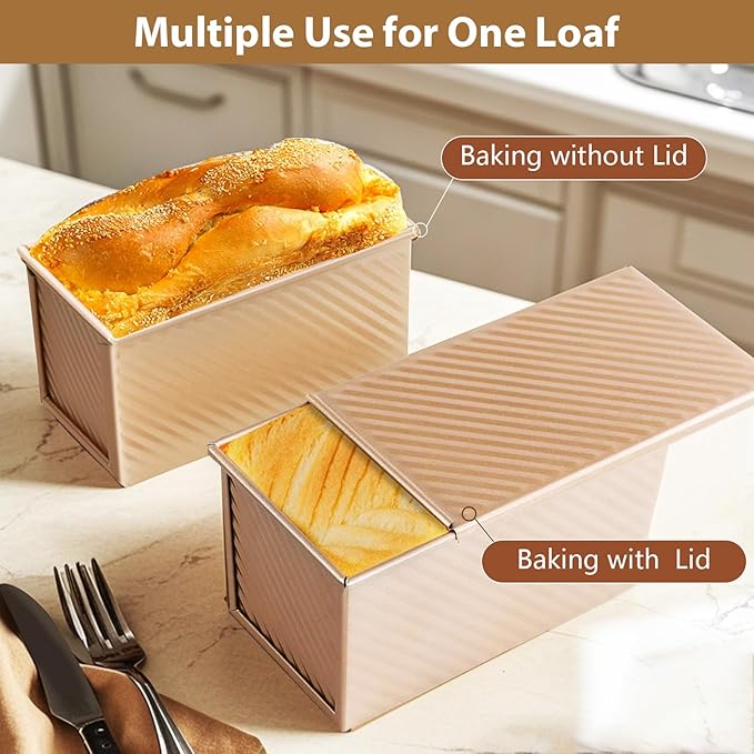 AMAGABELI GARDEN & HOME Pullman Loaf Pan with Lid 1 lb Dough Capacity 9x4 inch Non-Stick Bread Pans Carbon Steel for Baking Homemade Bread Mold Sandwich Corrugated Toast Box Bakeware Nonstick Gold
