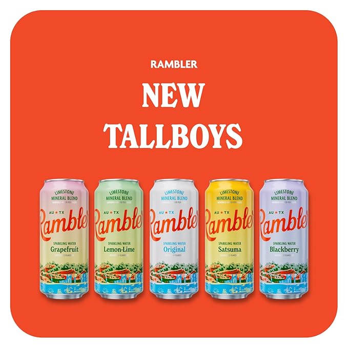 AUTX RAMBLER Sparkling Water, Texas Limestone Mineral Blend, Blackberry Flavor, 16-Ounce Tallboy Cans, 12-Pack