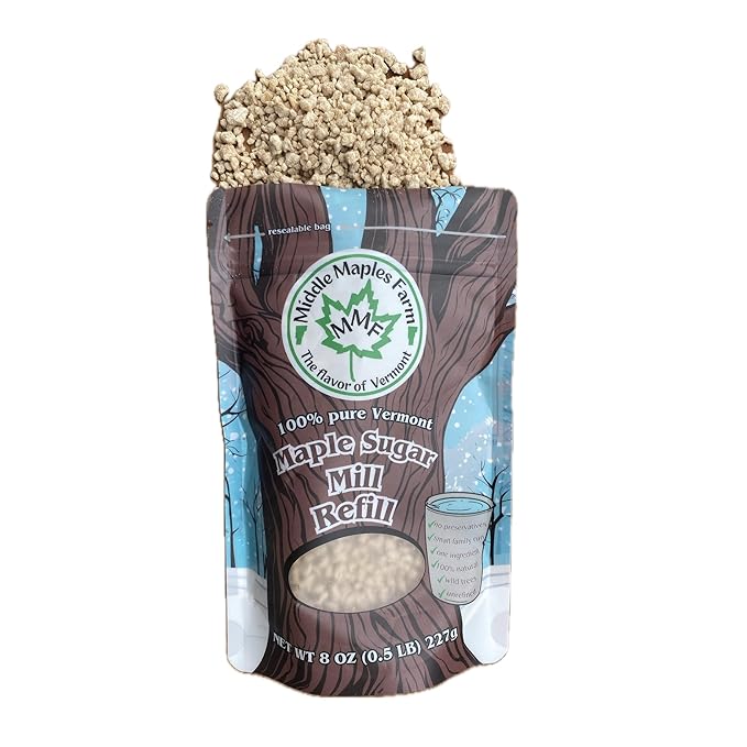 Vermont Pure Organic Coarse Maple Sugar from Middle Maples Farm, 8oz resealable pouch, Use as Sprinkles, Perfect for Toppings or Refilling the Maple Sugar Mill, Product of USA, Non-GMO, No Preservatives, Vegan