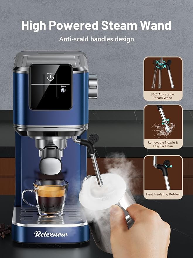 Espresso Machine, 20 Bar Espresso Maker Milk Frother & LCD Panel, Hot & Iced Coffee Machine, Stainless Steel Espresso Coffee Machine with 41oz Water Tank for Cappuccino, Latte