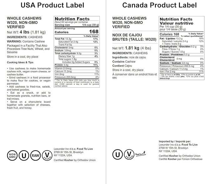 Food to Live - Raw Cashews, 4 Pounds Deluxe Whole Nuts, Unsalted, Unroasted Fancy Snack, Size W-320, Kosher, Vegan, Bulk, A good source of Magnesium, Phosphorus, Manganese & Copper