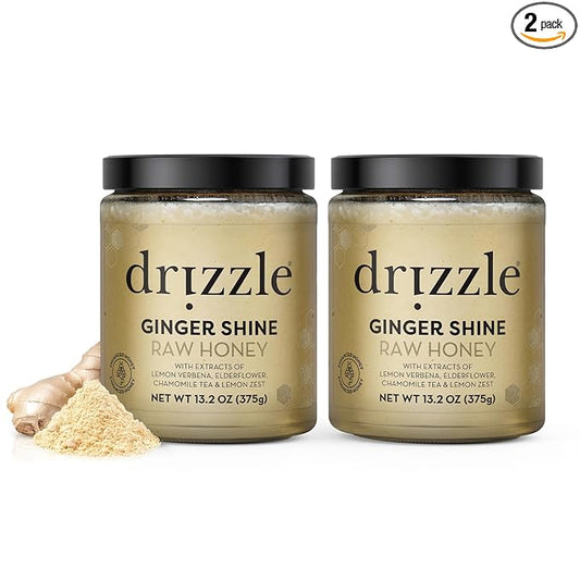 Drizzle Ginger Shine Raw Honey - All Natural Pure Raw Honey with Organic Ginger, Unfiltered & Unheated, Use in Tea & Coffee, Sugar Substitute, Certified Kosher - 13.2 oz Jar (375 g), Pack of 2