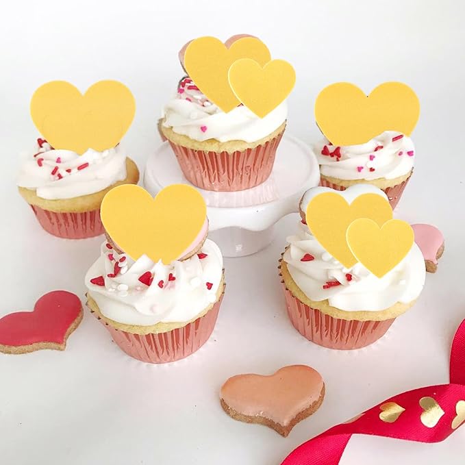 60 Pack Edible Heart Cake Topper Love Heart Cupcake Picks Water Paper Valentine's Day Theme Cake Decorations for Wedding Engagement Bridal Shower Birthday Party Supplies Yellow
