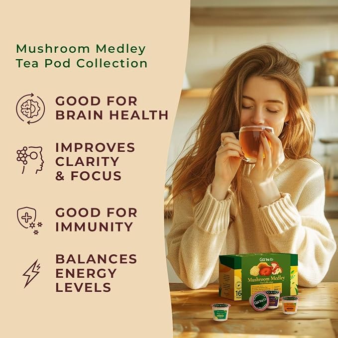 Gya Tea Co Mushroom Medley Collection Tea Gift Set (16 ct) - Tea Pod Assorted Variety Pack with Reishi, Lion's Mane, Turkey Tail, Chai for Nourish & Wellness