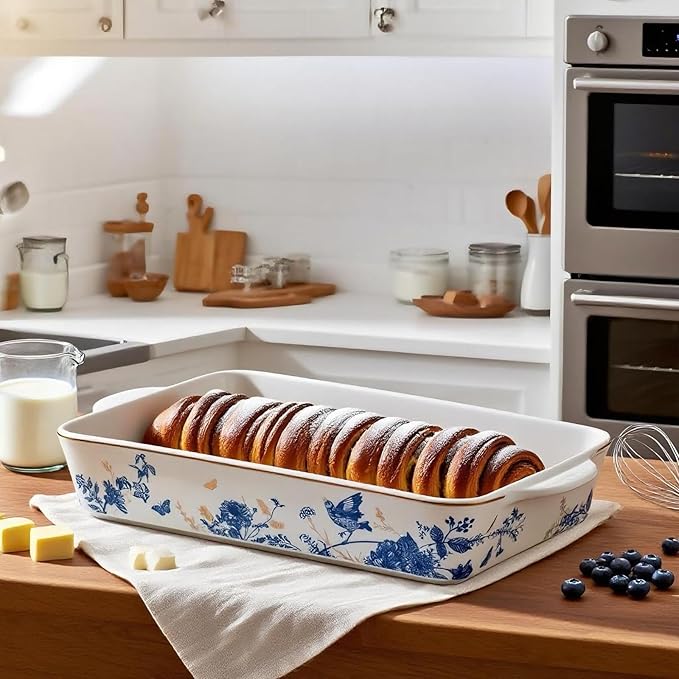 Baking Pans Set of 2 Blue flower 14 inch Ceramic for Oven Large Casserole Baking Dish Set with Handles Porcelain Bakeware Sets Casserole Dish for Oven/Cooking/Kitchen/Cake Dinner