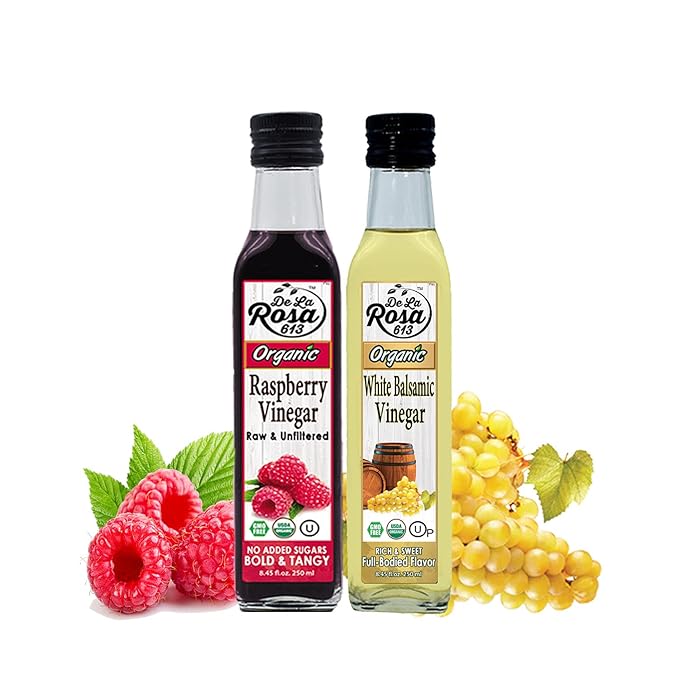 De la Rosa Organic Raspberry & White Balsamic Vinegar, Vegan, Kosher, Non-GMO & Gluten Free, Great for Salad Dressings, Marinades & More 8.45 Oz (Pack of 2)