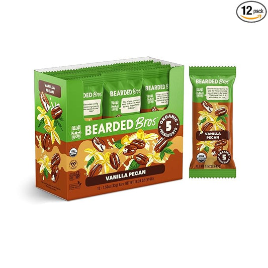 Bearded Brothers Organic Vegan Protein Energy Bars - Gluten Free, Paleo, Fiber, Whole 30 | Non GMO, Soy Free, Low Snacks | 12 Pack Vanilla Pecan