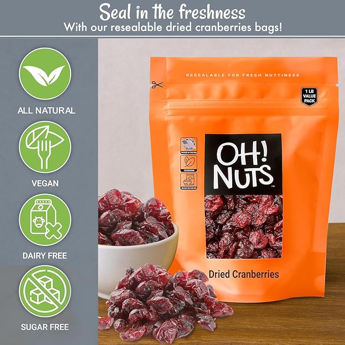 Oh! Nuts Dried Cranberries - Dehydrated Cranberries - 1 lb Bulk Bag - Cranberries Dried Fruit for Baking, Salads & Snacking
