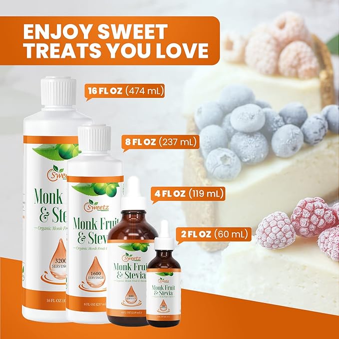 Monk Fruit & Stevia Liquid Sweetener Drops - Natural Sweeteners & Sugar Alternatives - Delicious Blend with No Bitter Aftertaste - Concentrated Sweetener Liquid Drops Extract ??8 FL OZ (1600 Servings)