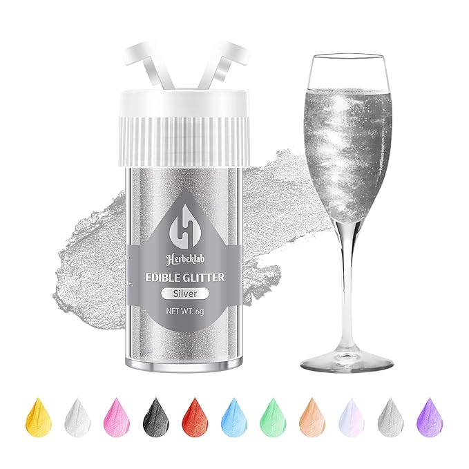 Silver Edible Glitter ??6g Luster Dust Drink Glitter, Food Grade Shimmer Powder for Cocktails, Cakes, Beverages, Chocolate & Candy