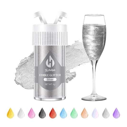 Silver Edible Glitter ??6g Luster Dust Drink Glitter, Food Grade Shimmer Powder for Cocktails, Cakes, Beverages, Chocolate & Candy