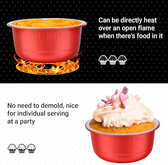Beasea Disposable Baking Cups With Lids, 50 Pack 6.1oz 180ml Aluminum Foil Ramekins Round Baking Mini Cupcake Oven Cups for Party - Red