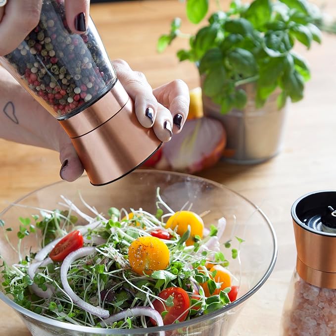 Kitchen Bliss Premium Copper Stainless Steel Salt and Pepper Grinder Set - Short Glass Shakers - Adjustable Coarseness Mills - Refillable with Himalayan Salt, Black Peppercorn - Set of 2