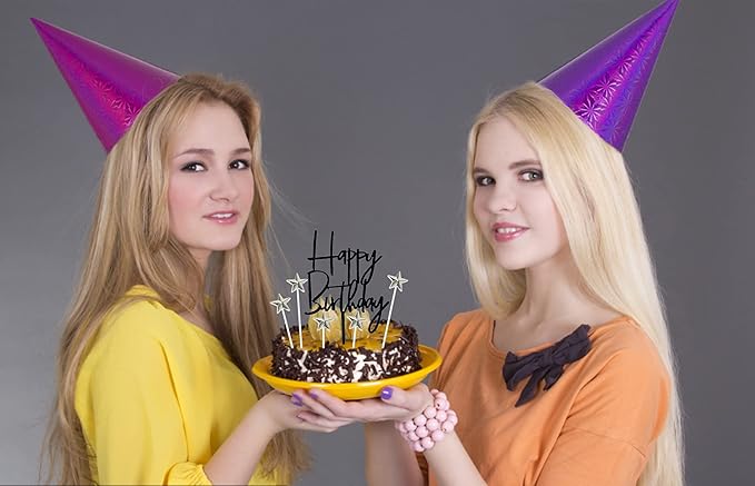 Set of 1 Black Acrylic Happy birthday Cake Topper,5 pcs silvery Star Cake Cupcake Topper(Black 1)