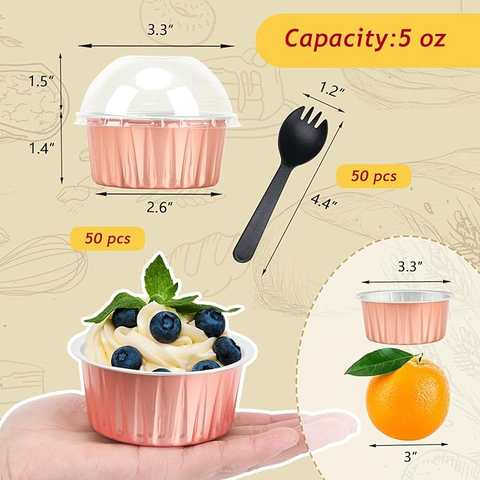 Jumbo 5oz Aluminum Foil Cupcake Liners with Lids 50 Pack,Free-Air Disposable Ramekins Muffin Tin,Mini Cake Baking Pans Muffin Cups,Mini Cupcake Pans Holders -Champagne