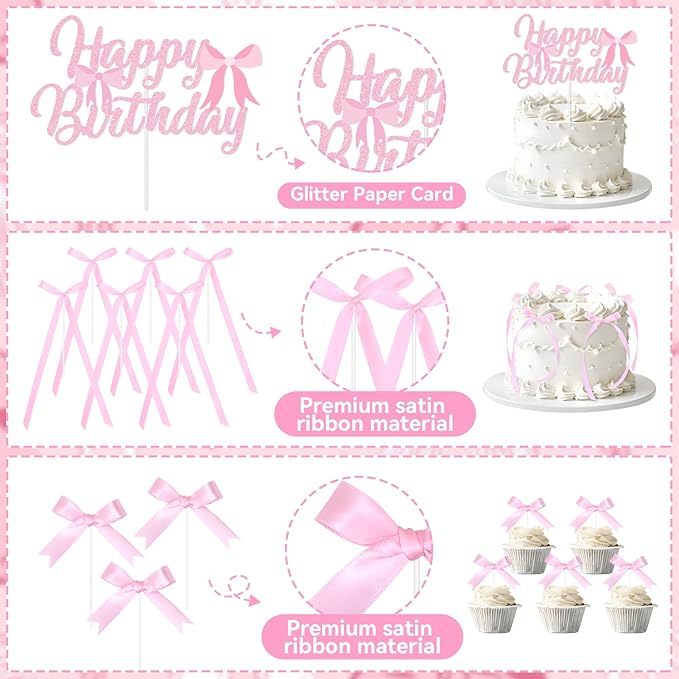Pink Bow Cake Toppers, Happy Birthday Sign, 12Pcs Ribbion Bow Cupcake Toppers & 6Pcs Cake Toppers for Pink Bow Birthday Decorations, Baby Shower, Bridal Shower, Graduation Party