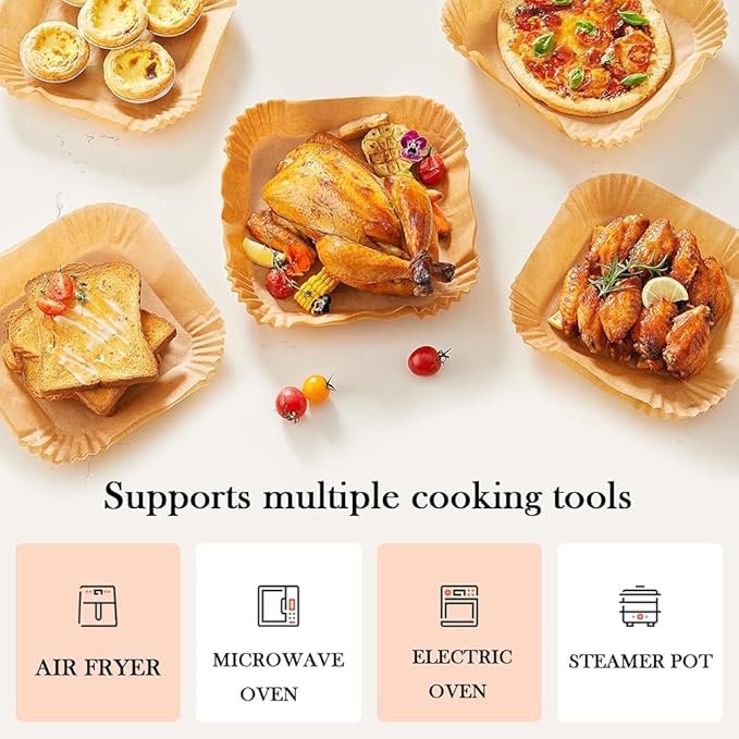 8'' Air Fryer Liners Disposable 100pcs - Non Stick Grease Proof Parchment Paper, Fits 5-8 Quart Baskets & Oven Baking