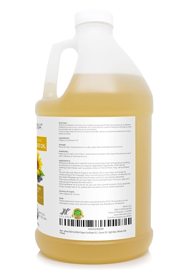 velona USDA Certified Organic Sunflower Oil - 1 Gallon / 128 Fl Oz | 100% Pure and Natural Carrier Oil | High Oleic, Refined| Cooking, Skin, Hair, Body & Face Moisturizing