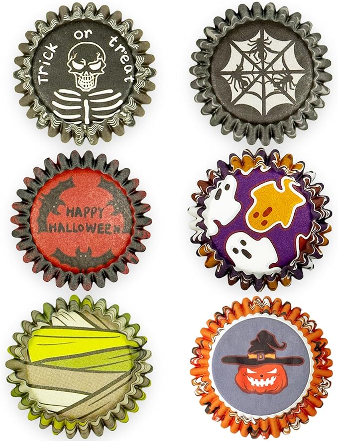 qiqee Halloween Jumbo Cupcake Liners 300PCS Cupcake Liners Cupcake Cups 6 Designs Halloween Red Bat Cupcake Papers Baking Cups Cupcake Wrappers (Large Size)