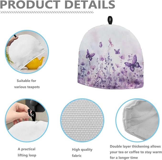 Purple Flowers Tea Cozy Cover Warmth Keep Tea Kettle Cover Insulated Teapot Cover with Top Handy Loop Aqua Tea Cosies Reusable