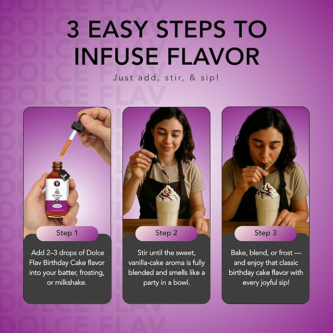 Dolce Flav Birthday Cake Extract ??2 Ounce Water-Soluble Kosher, Sugar-Free, Concentrated Festive Cake Flavoring for Frostings, Cupcakes & Desserts, Includes Measured Dropper