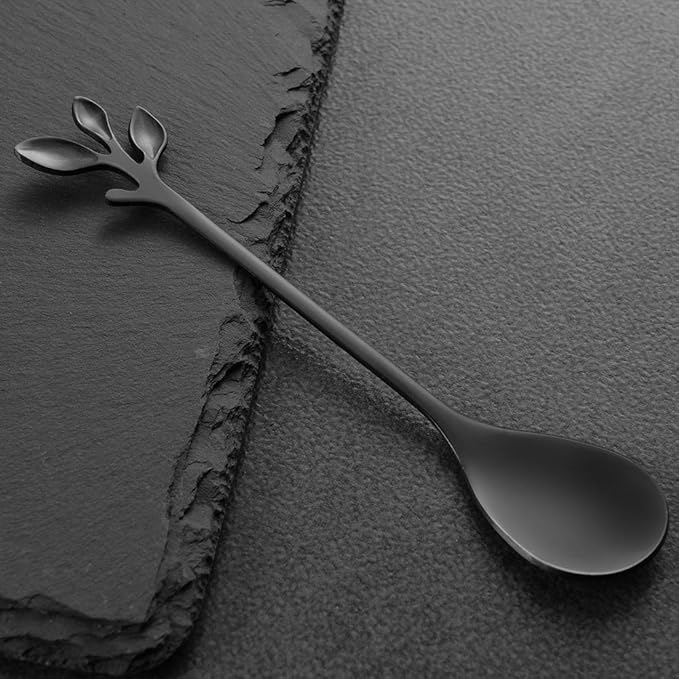 AnSaw Elegant Black Leaf Coffee Spoons - 10-Piece, 4.7" Mini Stainless Steel Espresso & Dessert Tea Spoons, Perfect for Demitasse & Small Servings