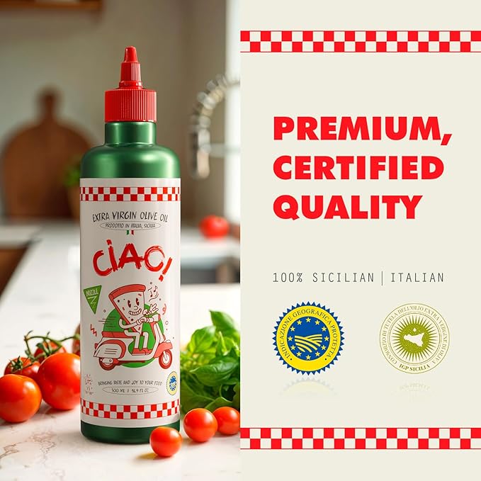 CIAO Sicilian Extra Virgin Olive Oil ??First Cold-Pressed, High Polyphenol, Organic, Authentic Flavor, 16.9 Fl Oz