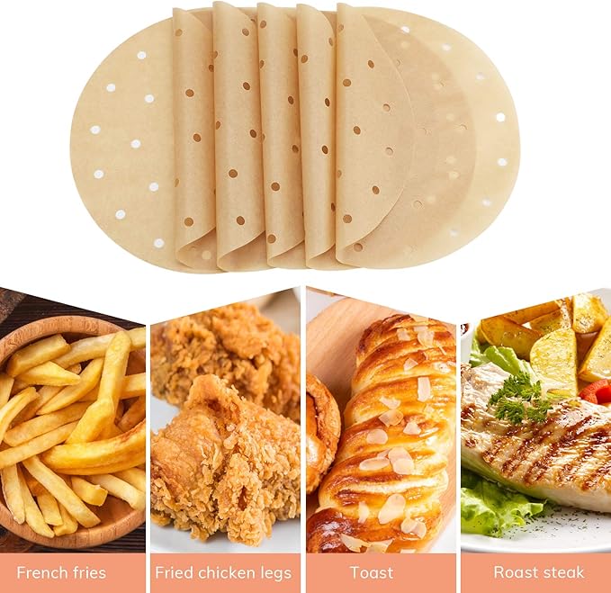 Beasea Air Fryer Parchment Paper 8 Inch, 200pcs Unbleached Fryer Disposable Paper Liners Round Air Fryer Filter Paper Perforated Parchment Paper Bamboo Steamer Papers for Air Fryer and Steaming Basket
