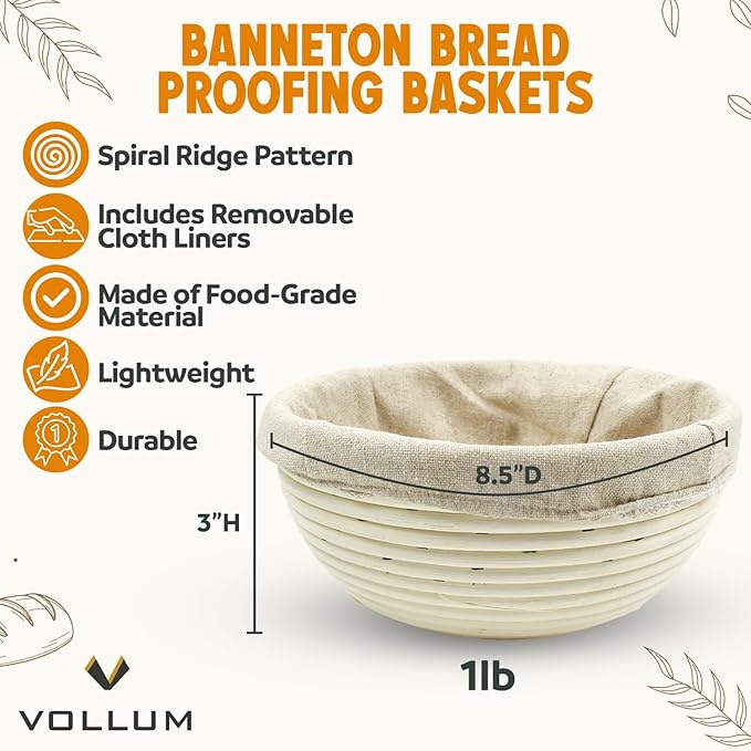 Banneton Bread Proofing Basket Sourdough Proofing Basket for Beginners & Professional Bakers, Handwoven Rattan Cane Bread Maker for Artisan Breads, 8.5 x 3 Inch, 1-Pound Round Brotform