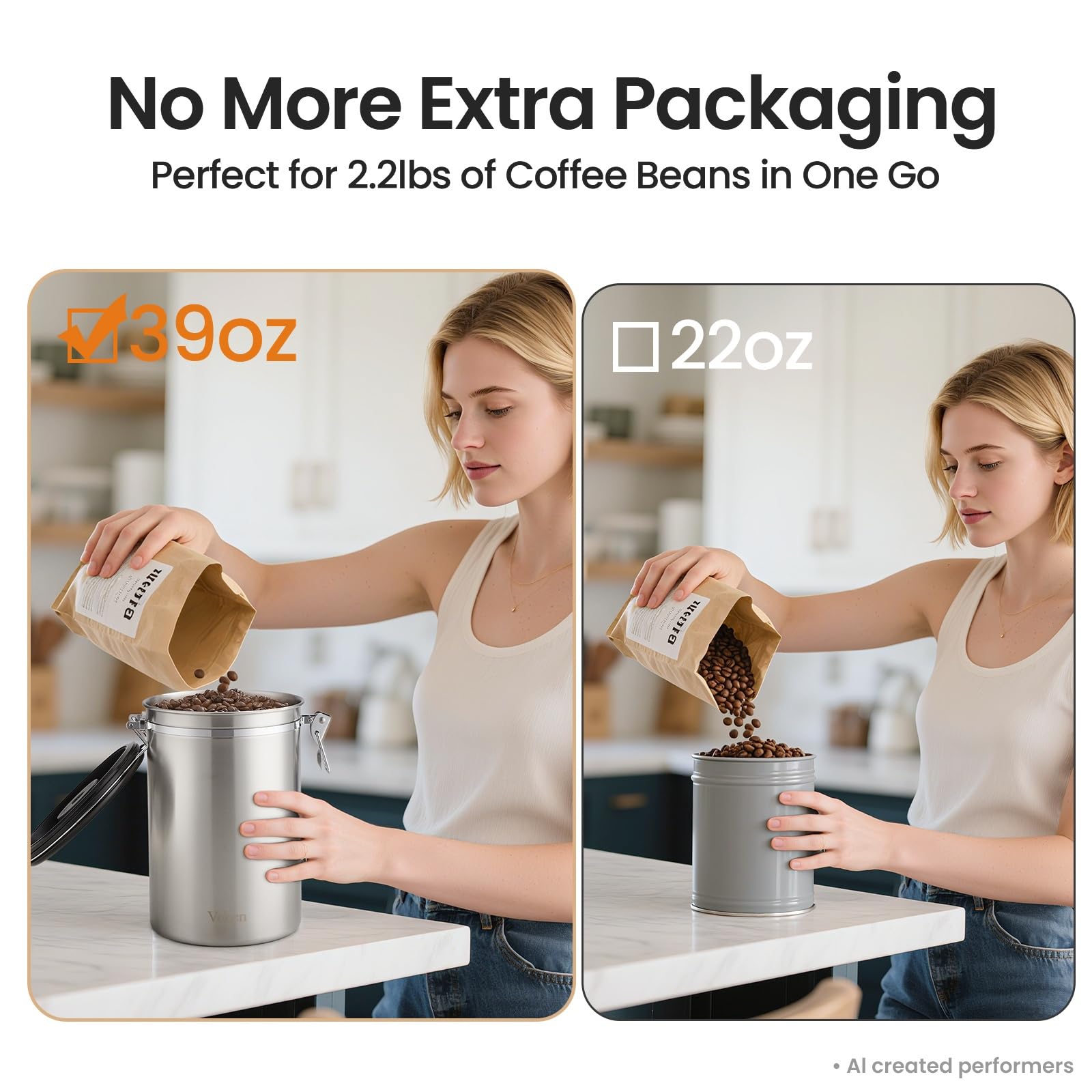 Veken Coffee Canister,39OZ, 2.2lbs,Large Airtight Stainless Steel Container