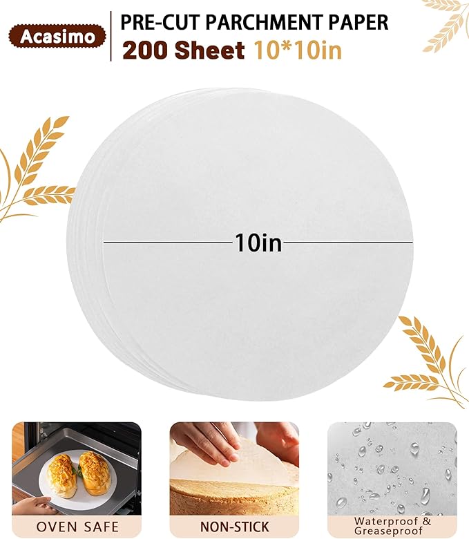 200Pcs Parchment Paper Rounds, 10 Inch Baking Parchment Circles, Precut Baking Sheets Round, Burger Patty Paper Liners for Tortilla Press, Cake Pan, Air Fryer, Springform Pan, Pizza Pan, Cake Cookie