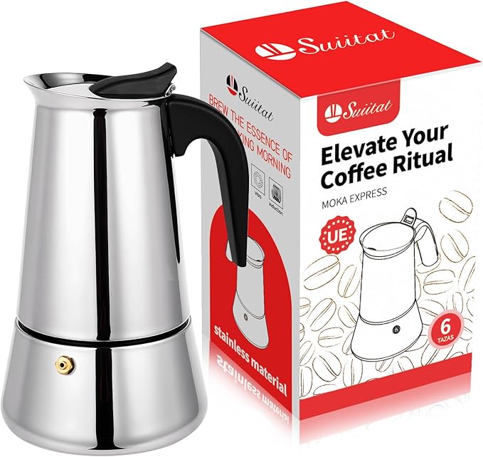 Moka Pot, 6 Cups (10.6 oz) Stovetop Espresso Maker, 304 Stainless Steel Moka Pot, Induction Compatible, Silver