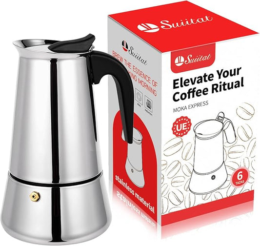 Moka Pot, 6 Cups (10.6 oz) Stovetop Espresso Maker, 304 Stainless Steel Moka Pot, Induction Compatible, Silver