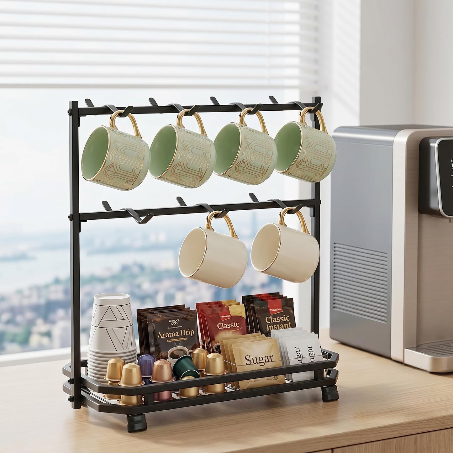 Coffee Mug Holder for Countertop, 14 Hooks Metal Coffee Cup Holder Rack