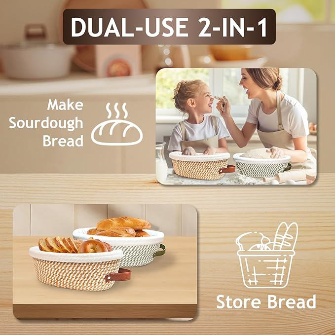 Banneton Bread Proofing Basket Set, Oval Sourdough Banneton Basket 10 inch,Handmade Sourdough Bread Basket with Covers 4 Liners for Artisan Bakers Starter Cotton Rope