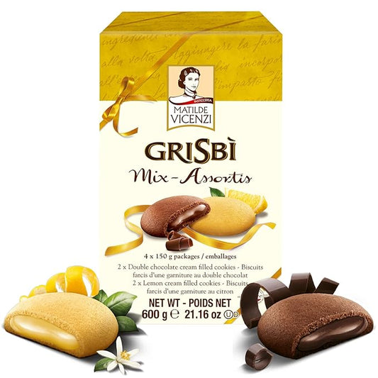 Matilde Vicenzi Grisbi Assorted Chocolate & Lemon Cream Filled Cookies, Cream Stuffed Patisserie Pastry Cookie, All-Natural, Kosher Dairy, Made in Italy, 21.16 oz Box (600g)
